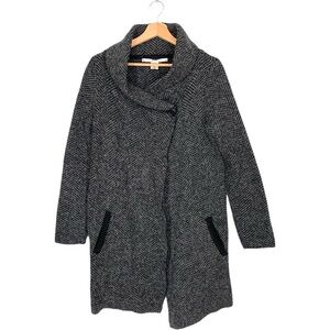 Max Studio Cardigan Long Womens Medium Gray Herringbone Wool Blend Shawl Neck